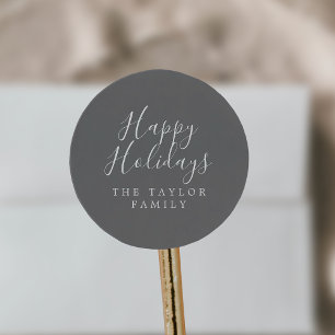 Minimalist Dark Silver Happy Holidays Holiday Gift Classic Round Sticker