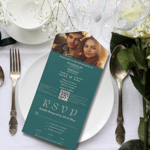 Minimalist Dark Teal Ivory Photo QR Code Email All In One Invitation