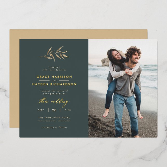 Minimalist Dark Teal & Sepia Branch Wedding Photo (Front/Back)