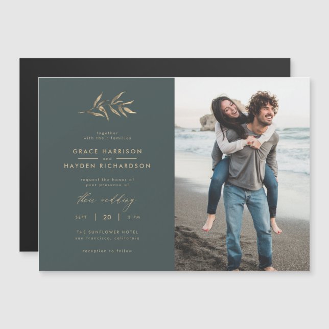Minimalist Dark Teal & Sepia Branch Wedding Photo Magnetic Invitation (Front/Back)