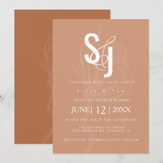 Minimalist Dark Terracotta Cotton Floral Wedding Invitation (Front/Back)