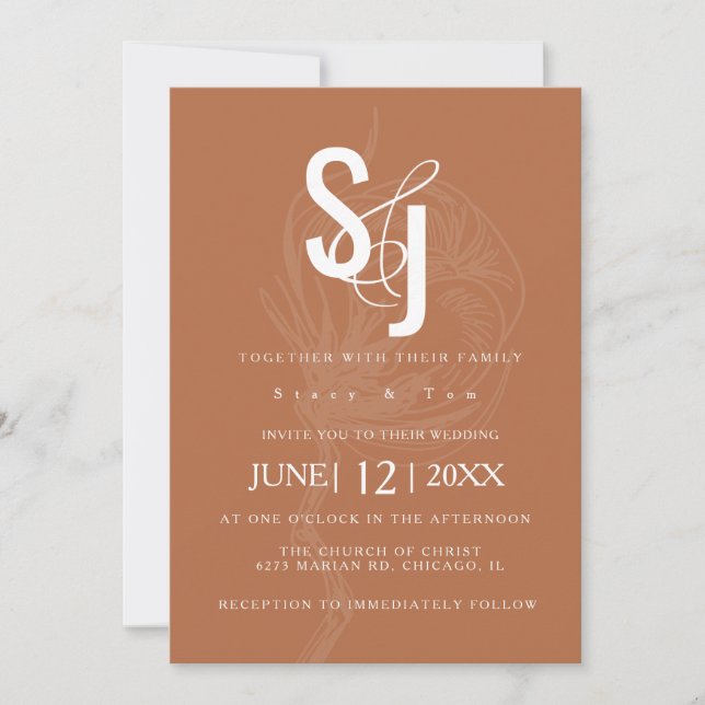 Minimalist Dark Terracotta Cotton Floral Wedding Invitation (Front)