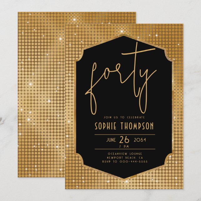 Minimalist Deco Black Gold Sequins 40th Birthday Invitation (Front/Back)