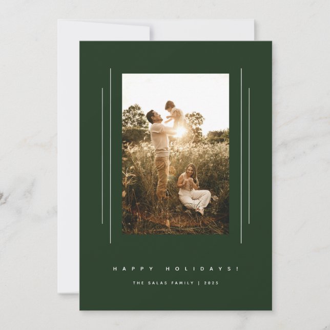 Minimalist Deco Dark Green Holiday Photo Card (Front)