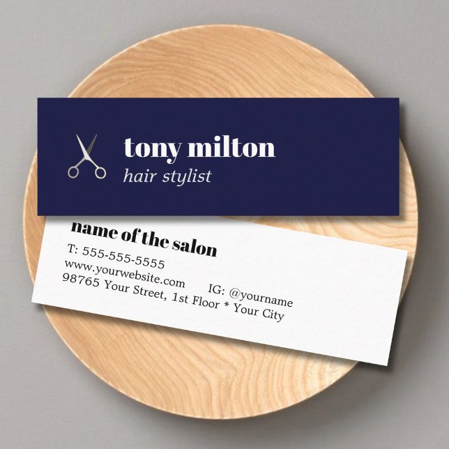 Minimalist Deep Blue Silver Scissors Hair Stylist Mini Business Card (Creator Uploaded)