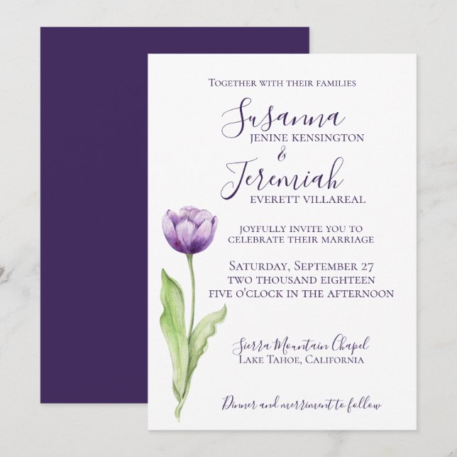 Minimalist Deep Purple Single Tulip Wedding Invitation (Front/Back)