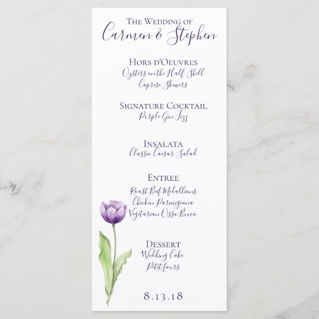 Minimalist Deep Purple Single Tulip Wedding Menu (Front)