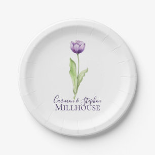 Minimalist Deep Purple Single Tulip Wedding Paper Plate