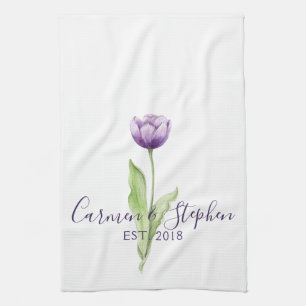 Minimalist Deep Purple Single Tulip Wedding Tea Towel