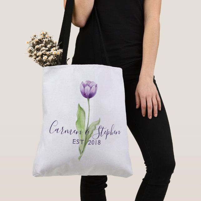 Minimalist Deep Purple Single Tulip Wedding Tote Bag (Close Up)