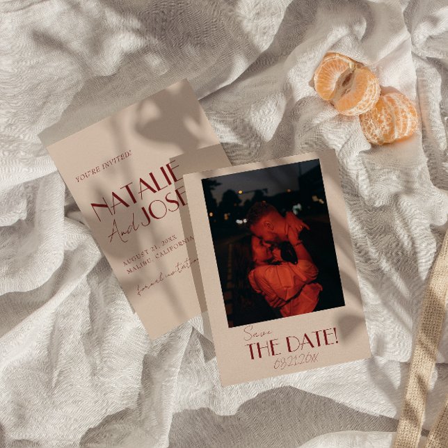 Minimalist Deep Red Whimsical Retro Photo Wedding Save The Date (Creator Uploaded)