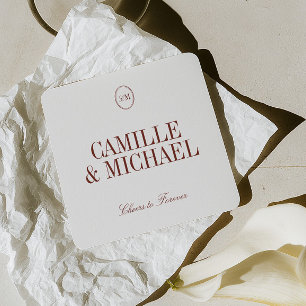 Minimalist Deep Terracotta Red Wedding Monogram Square Paper Coaster