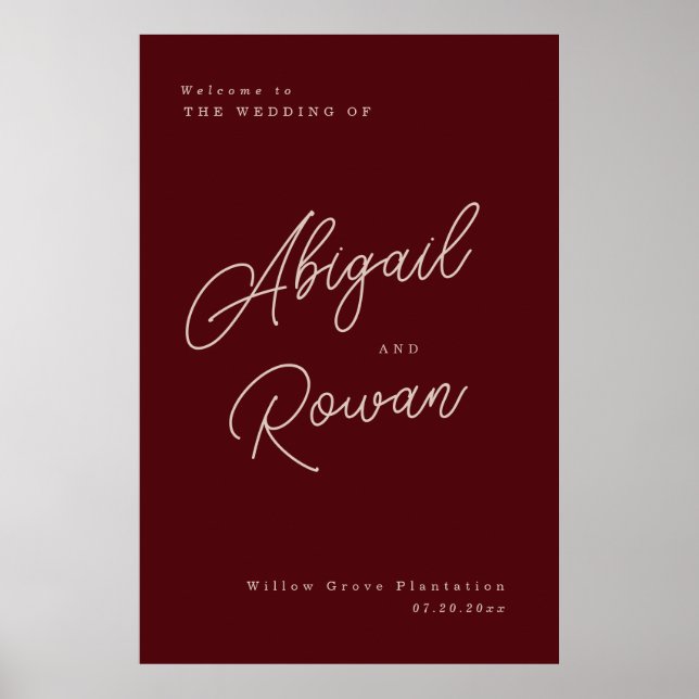 Minimalist Deep Wine Wedding Welcome Sign (Front)