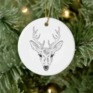 Minimalist Deer Head Line Art Sketch With Text Ceramic Tree Decoration