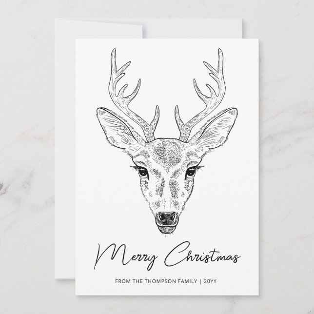 Minimalist Deer Head Line Art Sketch With Text Holiday Card (Front)