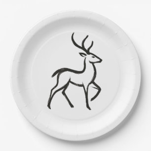 Minimalist Deer – Ink Brush Wildlife Design on Paper Plate