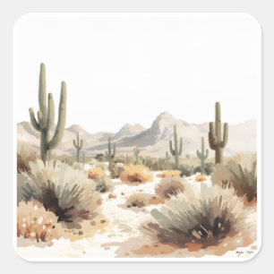 Minimalist Desert Saguaro Cactus Watercolor Art Square Sticker