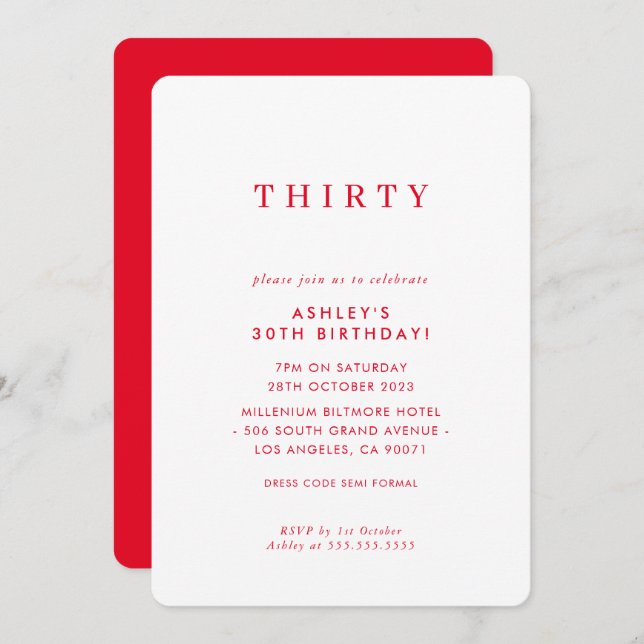 MINIMALIST design birthday chic modern bold red Invitation (Front/Back)