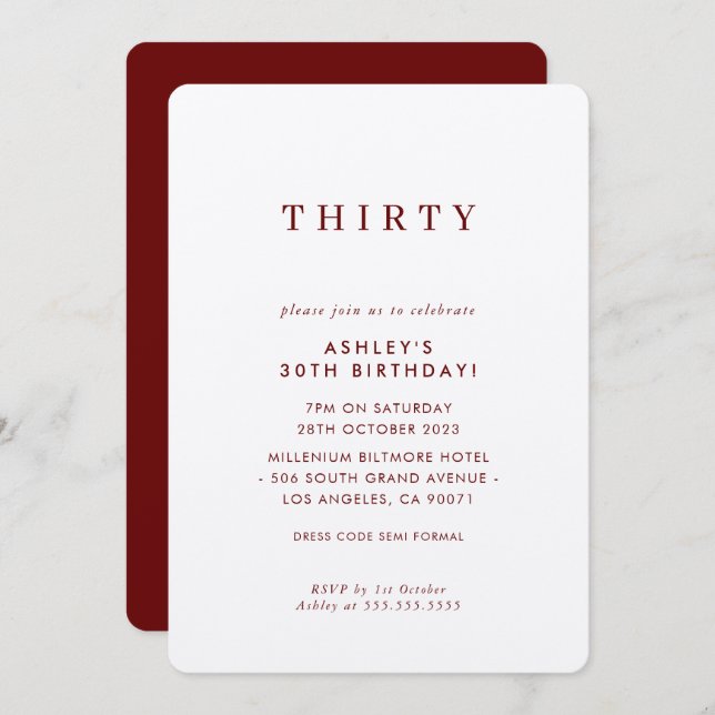 MINIMALIST design birthday chic modern wine maroon Invitation (Front/Back)
