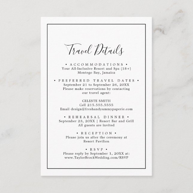 Minimalist Destination Wedding Travel Details Enclosure Card (Front)