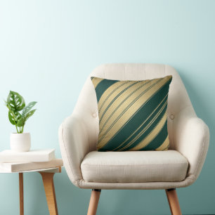 Minimalist Diagonal Gold and Green Stripes holiday Cushion