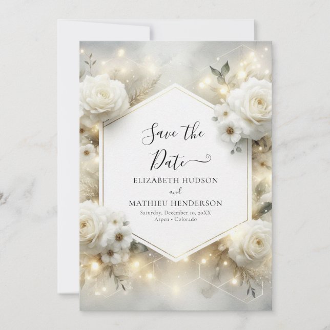 Minimalist Digital White Roses Wedding Save The Date (Front)