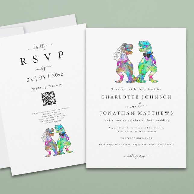 Minimalist Dinosaur Theme Wedding Invitation (Simple dinosaur theme wedding invitation with colorful watercolor T-Rex bride and groom)