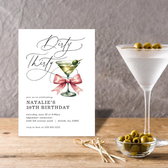 Minimalist Dirty Thirty Martini Pink Bow Birthday Invitation (Minimalist Dirty Thirty Martini Pink Bow Birthday Invitation)