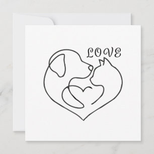 Minimalist Dog and Cat Heart - One Line Art Design Card