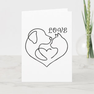 Minimalist Dog and Cat Heart - One Line Art Design Card