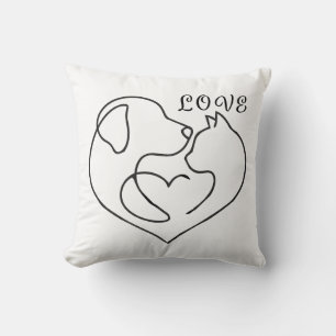Minimalist Dog and Cat Heart - One Line Art Design Cushion