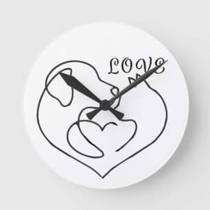 Minimalist Dog and Cat Heart - One Line Art Design Round Clock