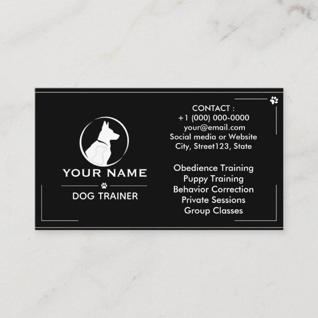 Minimalist Dog Trainer Custom Black Business Card  (Front)