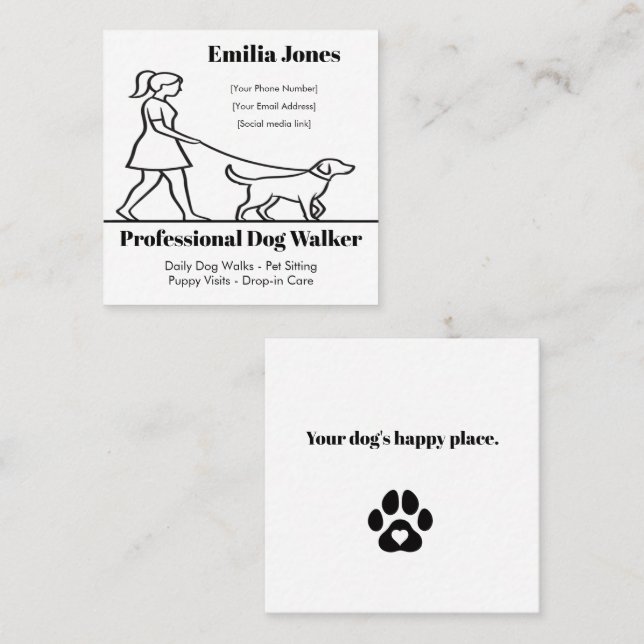 Minimalist Dog Walker Business Card with Heart Paw (Front/Back)