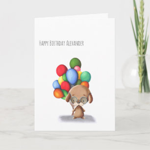 Minimalist Dog with Balloons Personalised Birthday Card