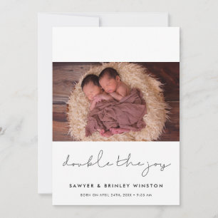 Minimalist Double the joy twins photo Announcement