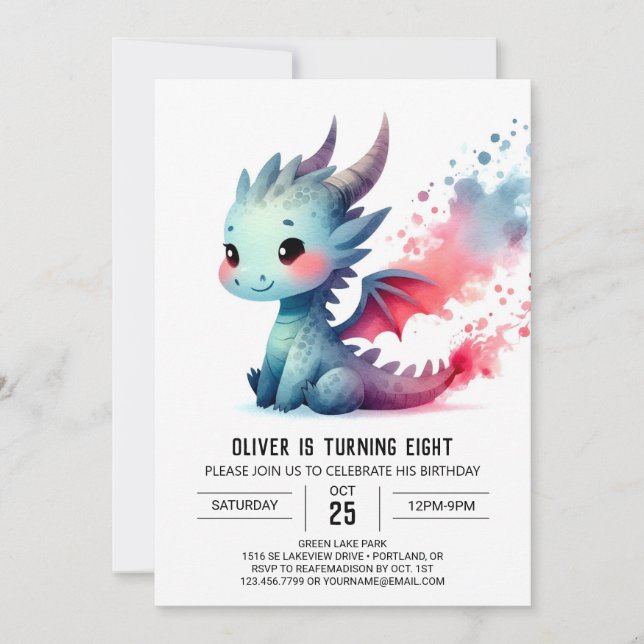 Minimalist Dragon Birthday Customisable Invitation (Front)