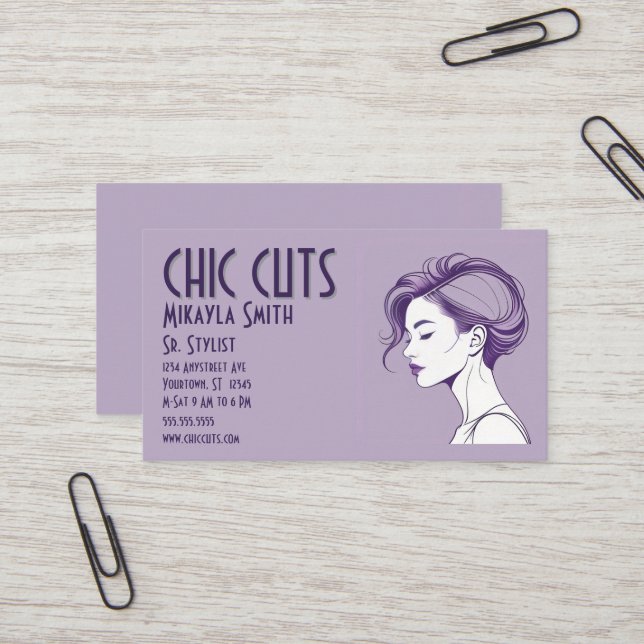 Minimalist Drawing of Hair Style on Woman Business Card (Front/Back In Situ)