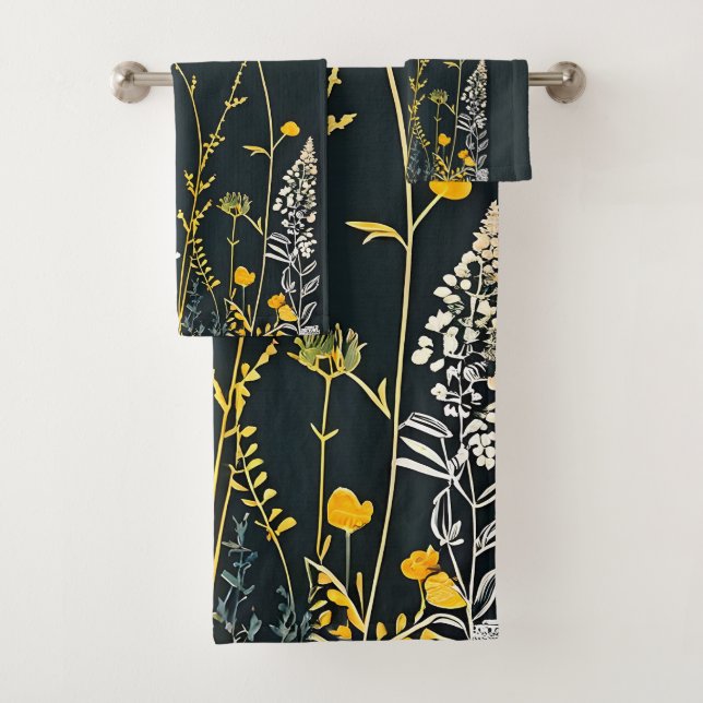 Minimalist Drawing of Yellow and White Flowers Bath Towel Set (Insitu)