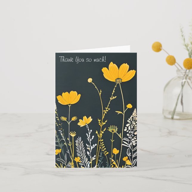 Minimalist Drawing of Yellow and White Flowers Thank You Card (Front)