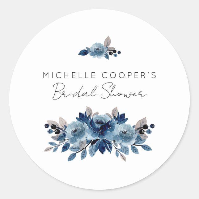 Minimalist Dusty Blue and Navy Floral Classic Round Sticker (Front)