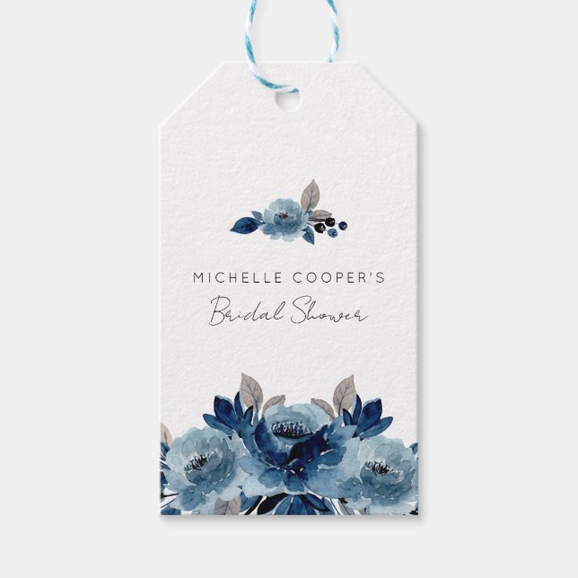 Minimalist Dusty Blue and Navy Floral Gift Tags (Front)