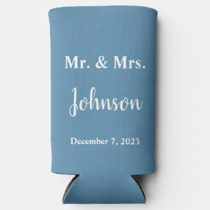 Minimalist Dusty Blue and White Wedding Seltzer Can Cooler
