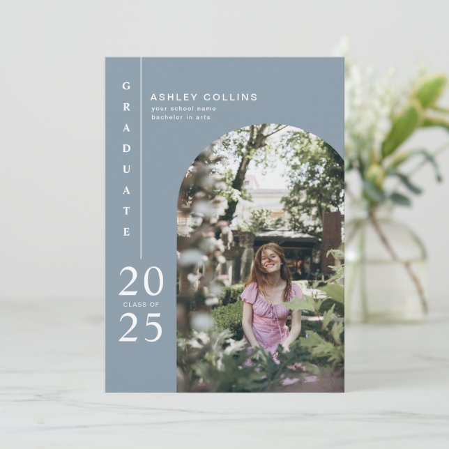 Minimalist Dusty Blue Arch Photo Graduation Party Invitation (Standing Front)