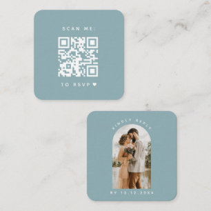 Minimalist Dusty Blue Arch Photo Qr Code RSVP Chic Enclosure Card