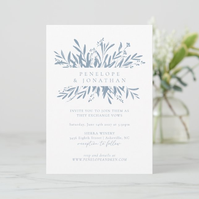 Minimalist Dusty Blue Boho Botanical Wedding Invitation (Standing Front)