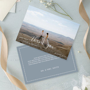 Minimalist Dusty Blue Calligraphy Photo Wedding Thank You Card