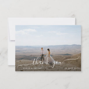 Minimalist Dusty Blue Calligraphy Photo Wedding Thank You Card