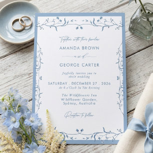 Minimalist Dusty Blue Chinoiserie Floral Wedding Invitation