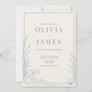 Minimalist Dusty Blue Coastal Seashell Wedding Invitation